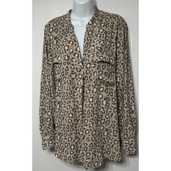 A New Day Blouse Henley Leopard Pullover Long Sleeve Women’s Plus Size 2XL NEW - Picture 1 of 7